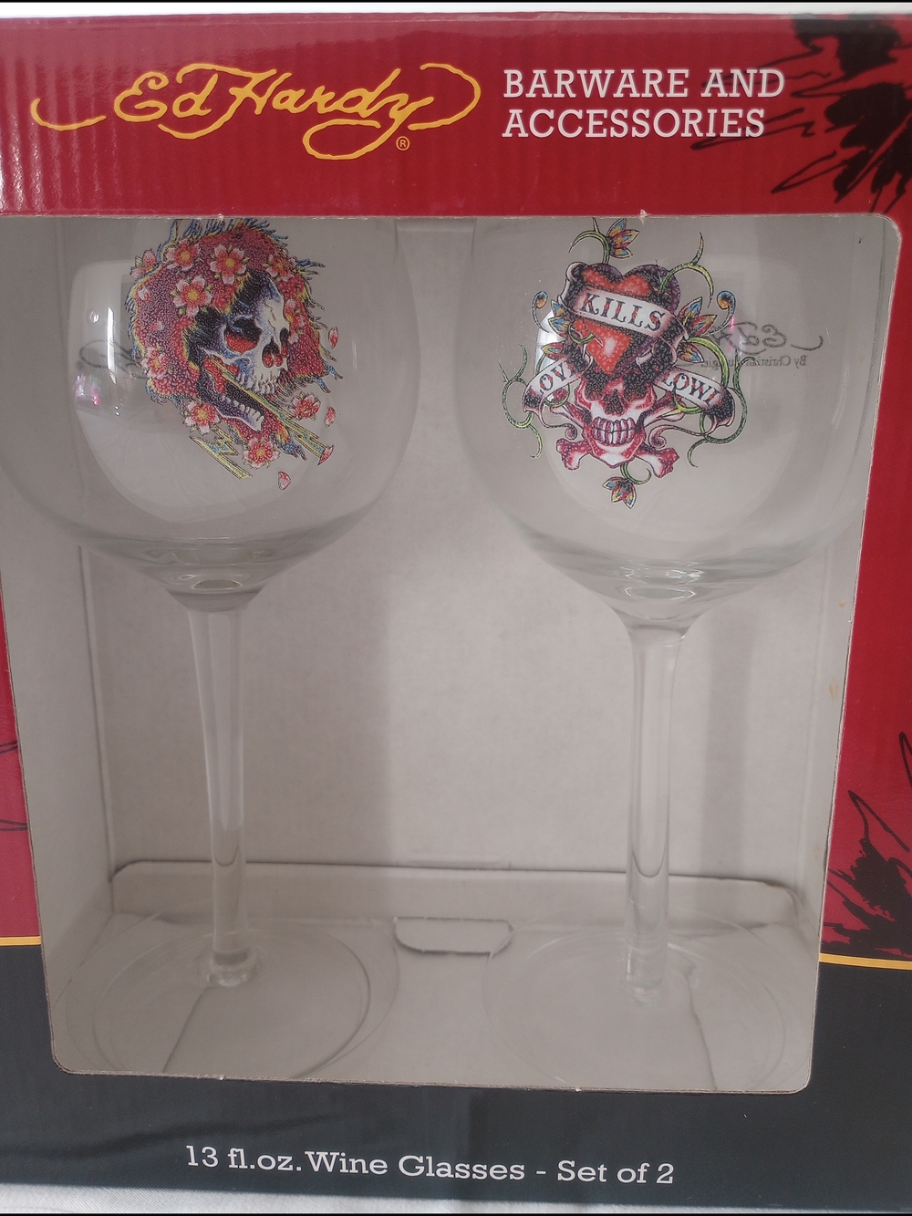 Ed Hardy 13fl.oz. Wine Glasses Set Of 2 Love Kills Slowly Skull Design NEW